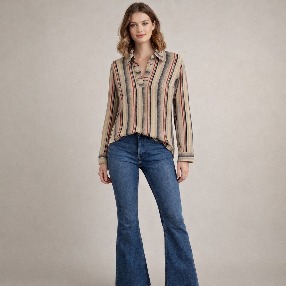 VTG 70s Zantrel Long Sleeve Striped Open Neck Blouse Top Womens XS Small Germany